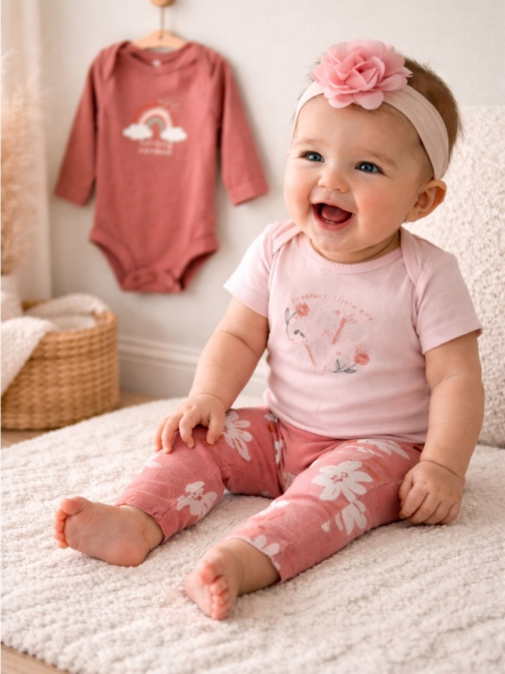Carter’s 4-Piece Baby Girl Outfit Set (6M) Pink Floral + Rainbow Onesies EUC